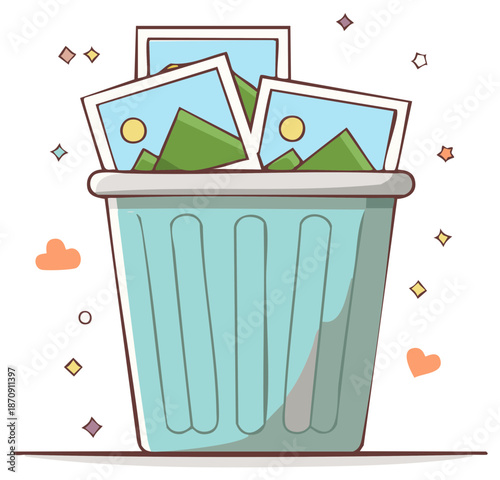 Trash can overflowing with landscape photos, discarding memories or old pictures in light blue waste bin