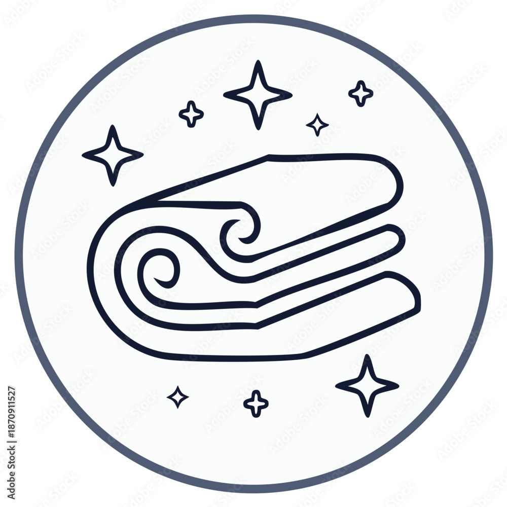Obraz premium Stacked Rolled Towels Line Icon with Stars in a Circular Frame, Laundry Symbol
