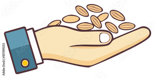 Cartoon hand holding almonds, with blue cuff detail, offering or giving concept.