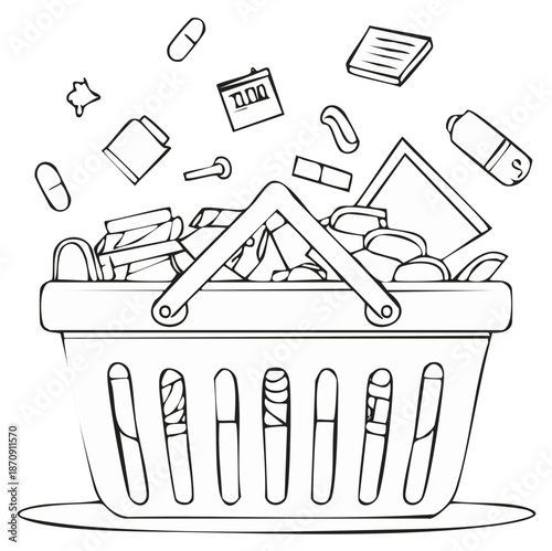 Shopping basket overflowing with pills medications and supplements falling out