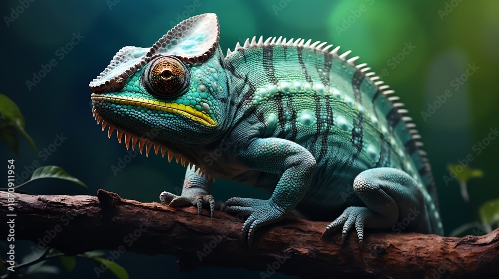 Fototapeta premium Vividly detailed close-up photograph showcasing a vibrant turquoise and teal chameleon perched securely upon a rough brown tropical tree branch