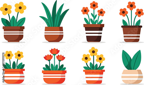 Set of colorful potted flowering plants in various designs