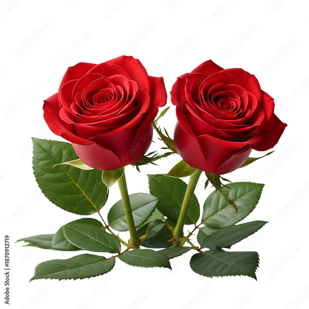Naklejka premium Two beautiful red roses with green leaves isolated on transparent background