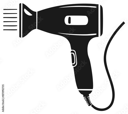 Simple black vector icon of an electric hairdryer with a comb attachment for styling