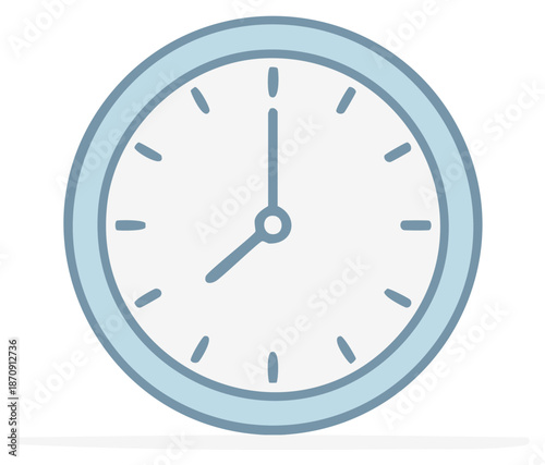 Simple analog clock face with blue rim and hour and minute hands showing 8 oclock