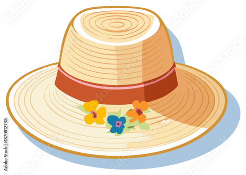 Stylish sunhat illustration with a brim, decorative flowers, and ribbon, summer accessory