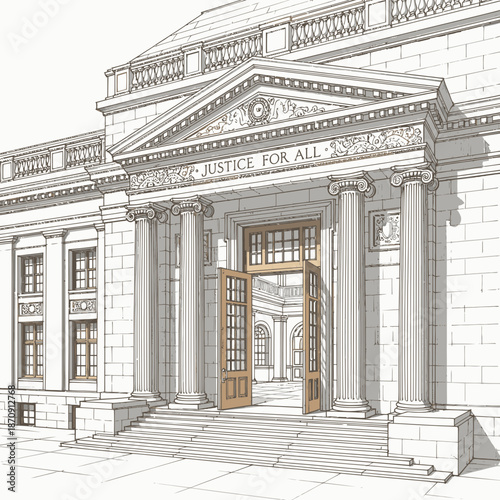 Grand Courthouse Exterior with Open Doors and Classical Architecture