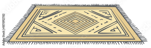 Stylized traditional rug with geometric diamond pattern and fringed border