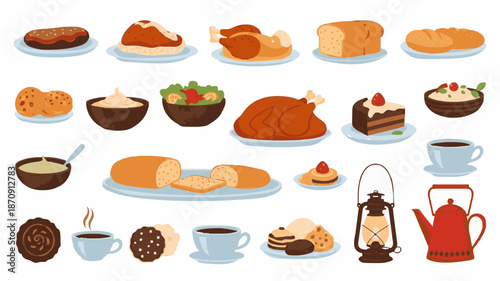Flat lay illustration of various food items and tableware on a white background with warm tones.