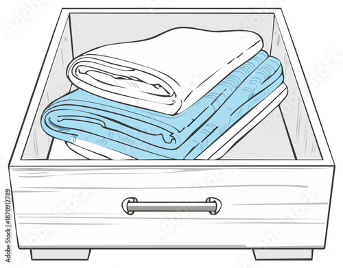 Open Drawer with Folded White and Blue Linens Interior Arrangement Illustration