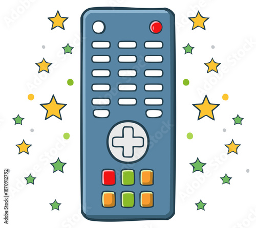 Cartoon remote control with stars for media entertainment, modern technology, and television content viewing