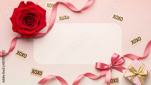 Valentine Flat Lay Background with Red Rose, Pink Ribbon, Gift Box, and XOXO Elements with Space in Center for Text for Greeting Card, Love Banner, Wedding Invitation, Social Media Post, and Valentine