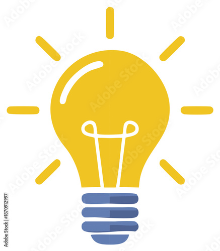 Bright idea concept with a glowing yellow light bulb cartoon illustration symbol for creativity and innovation
