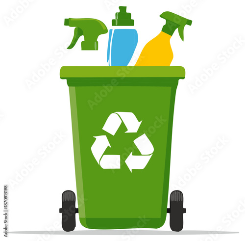 Green recycle bin with cleaning supplies, recycling symbol, and wheels for eco-friendly garbage.