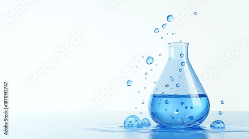 Glass flask with blue liquid spills, bubbles on white glossy surface