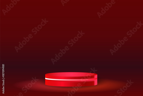 Empty red round podium with neon light on red stage lights background. Vector illustration design for product display, presentation, sale banner festival Christmas, Valentine ‘s day, studio scene