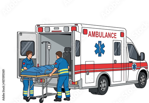 Illustration of a patient being loaded into an ambulance, isolated on white background