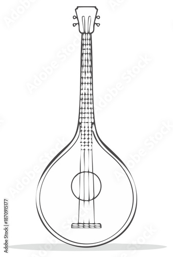 Hand drawn line art illustration of a traditional folk bouzouki or mandolin string instrument