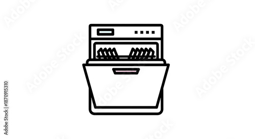A simple black and white illustration of a dishwasher