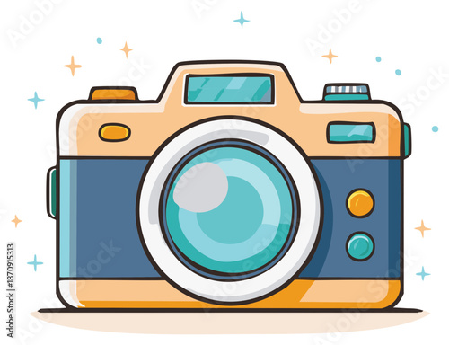 Cute hand drawn illustration of a vintage retro camera with sparkles and stars