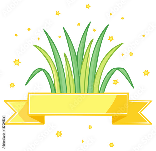 Lush green grass sprouts with banner, stars sparkle above for a fresh and cheerful design element
