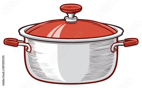 Red Lid Stainless Steel Cooking Pot Illustration for Food Preparation Recipes and Culinary Design Projects