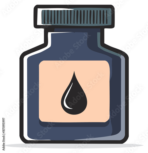 Glass inkwell with black ink drop for calligraphy and lettering illustration