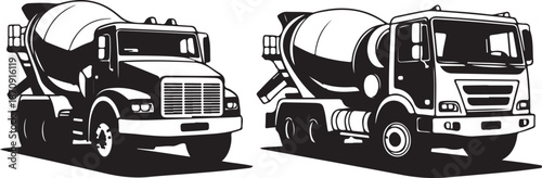 Two cement mixer trucks side by side on white background
