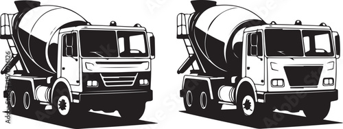 two cement mixer trucks side by side in black and white
