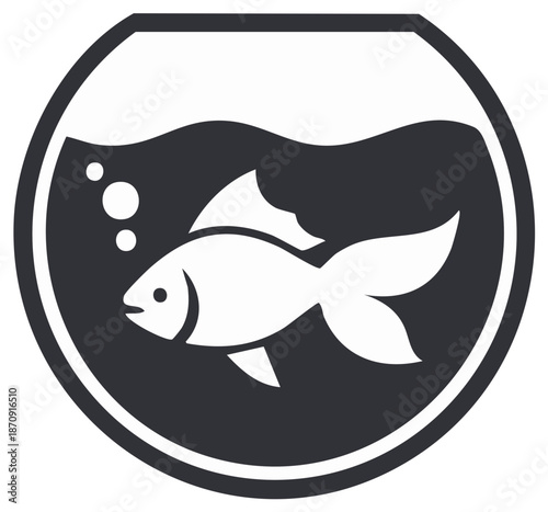 Stylized fish swimming in a fishbowl with bubbles against a dark background.