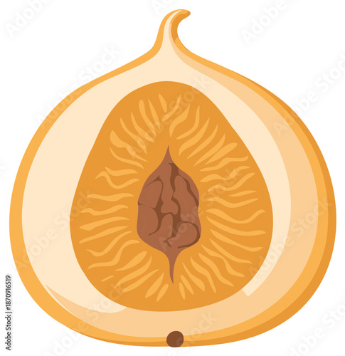 Cross section of a ripe peach showing its juicy flesh and pit