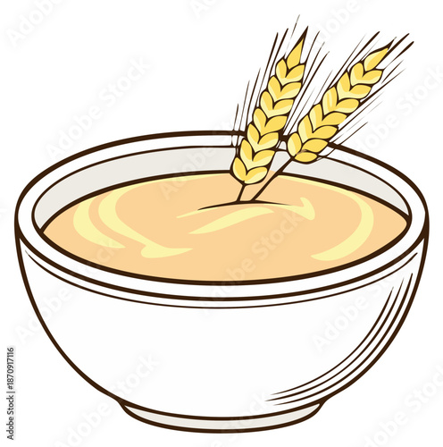 Simple cartoon illustration of a healthy breakfast bowl of oatmeal porridge with wheat ears