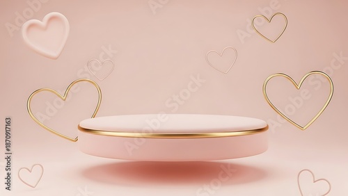 Romantic floating pink podium with gold rim and wireframe hearts for Valentine's Day