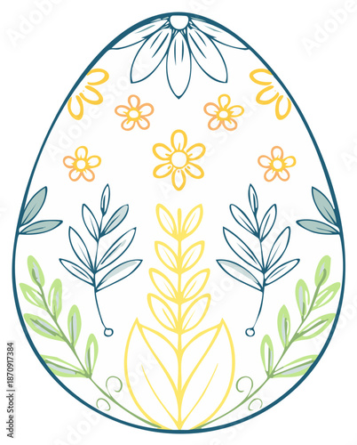 Hand-drawn Easter egg illustration with symmetrical folk art floral and leaf patterns