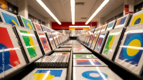 Wallpaper Mural Rows of colorful album covers in a music store, showcasing a wide selection of vinyl records and CDs. Torontodigital.ca