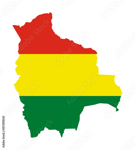 Bolivia flag in country silhouette. National flag, insignia and ensign of the Plurinational State of Bolivia, a banner and horizontal tricolor of yellow, red, and green. Isolated illustration. Vector