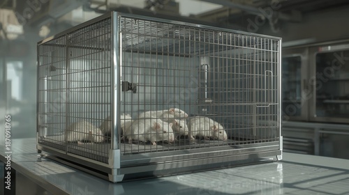 Side view of a large laboratory cage with small white mice inside, exploring or resting, realistic fur and whiskers, soft lab lighting.