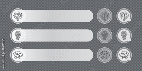 Modern Glassmorphism Infographic Elements Set Featuring Transparent Glossy Banners, Financial Idea Lightbulbs, Growth Strategy Maze, and Business Partnership Handshake Vector Icons.