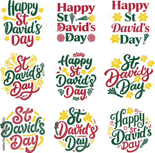 Happy St David’s day typography vector design with daffodils, welsh celebration floral lettering
