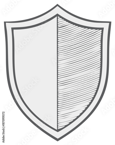 Simple outline of a shield divided with one half smooth and the other half textured with parallel lines