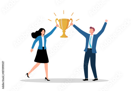 Joint victory of two schoolchildren, joyfully holding golden cup for participating in team intellectual game. Joint victory of children raising hands up after triumphant return from tournament