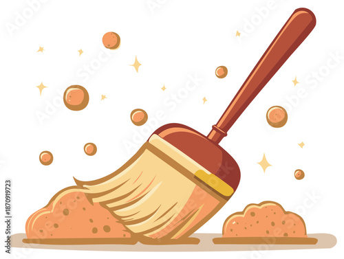 Vibrant cartoon broom sweeping pile of dust and dirt, illustrating home cleaning and tidiness