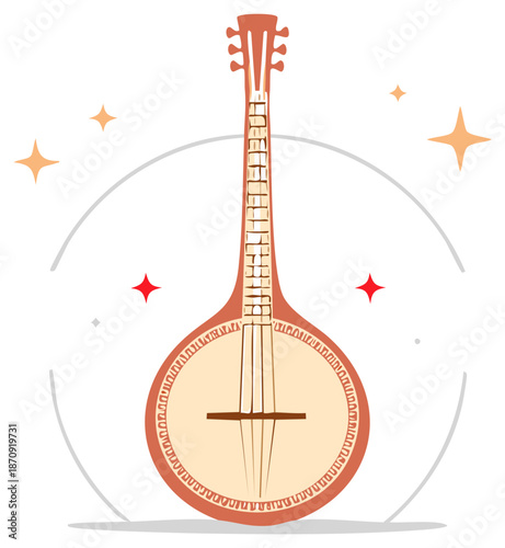 Acoustic instrument mandolin illustration, decorative musical instrument with strings and stars design, simple vector.