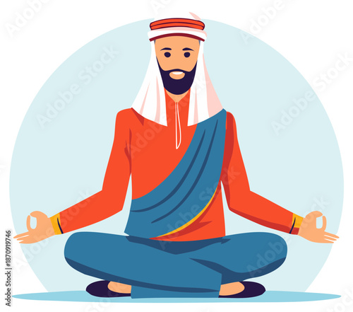 Arab Man in Traditional Clothing Meditating in Lotus Position with Mudra Hand Gestures