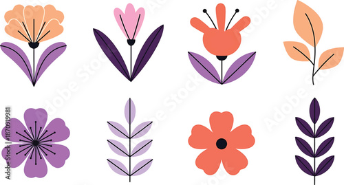 Minimalist folk art floral collection with colorful spring blossoms