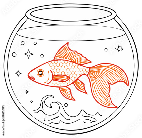 Outline Drawing of an Orange Goldfish in a Round Glass Fishbowl Cartoon Style Vector Illustration