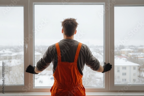 Window Measuring. Workman fixing, adjusting new plastic PVC window with white metal frame installing at modern house. Advertising. Typical installation of insulated glazing windows with uPVC frame