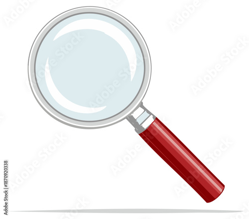 Magnifying glass with a bright lens and red handle isolated on white background