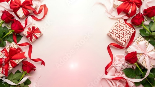 Valentine Flat Lay Frame with Red Roses, Gift Boxes, and Satin Ribbons on Soft Pink Background with Space in Center for Text for Greeting Card, Wedding Invitation, Love Banner, Social Media Post, etc.