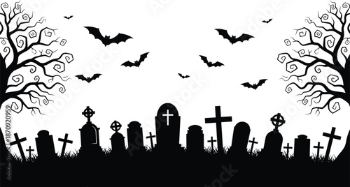 Halloween cemetery silhouette with spooky graveyard tombstones, creepy dead trees and flying bats, scary night landscape background for holiday celebration vector illustration design